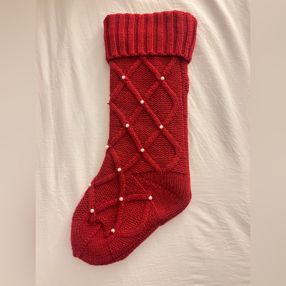 22” Red Knit Christmas Stocking with Pearl Accents